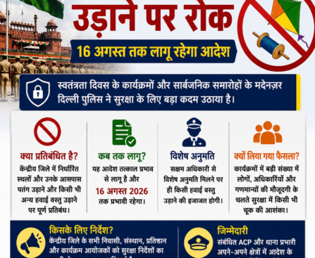 Independence Day 2026: दिल्ली में पतंग उड़ाने पर रोक, 16 अगस्त तक लागू रहेगा आदेश